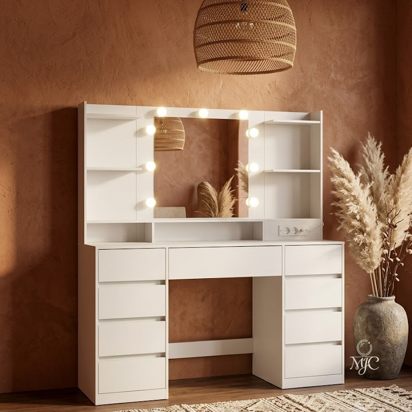 Coiffeuse Kailyn avec Miroir LED - Meuble Coiffeuse 9 Tiroirs