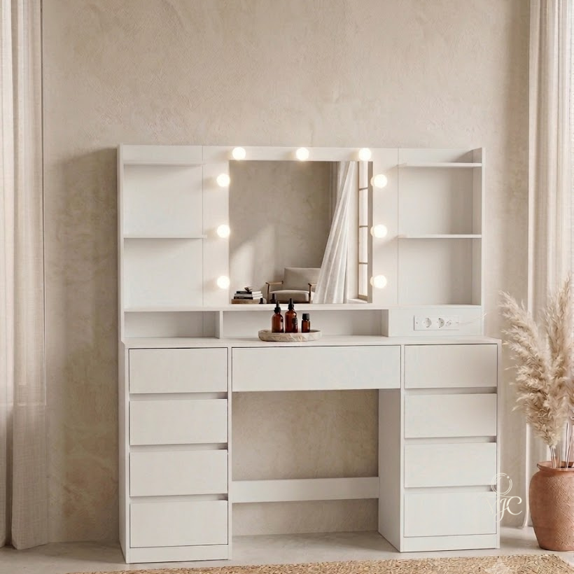 Coiffeuse Kailyn avec Miroir LED - Meuble Coiffeuse 9 Tiroirs