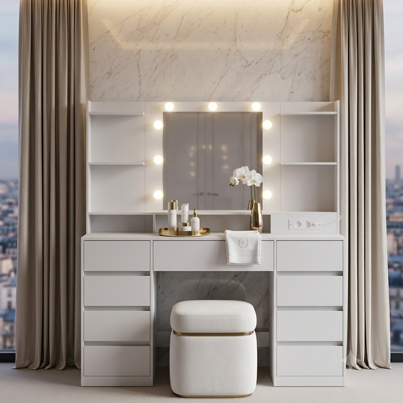 Coiffeuse Kailyn avec Miroir LED - Meuble Coiffeuse 9 Tiroirs