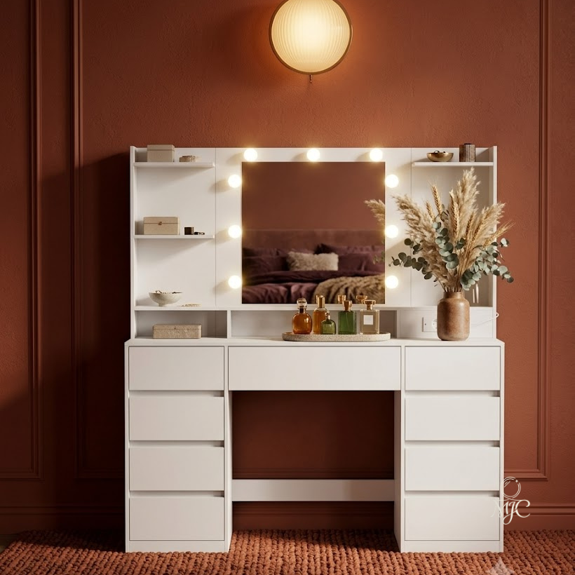 Coiffeuse Kailyn avec Miroir LED - Meuble Coiffeuse 9 Tiroirs