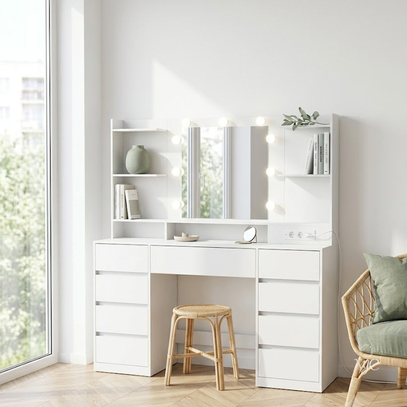 Coiffeuse Kailyn avec Miroir LED - Meuble Coiffeuse 9 Tiroirs