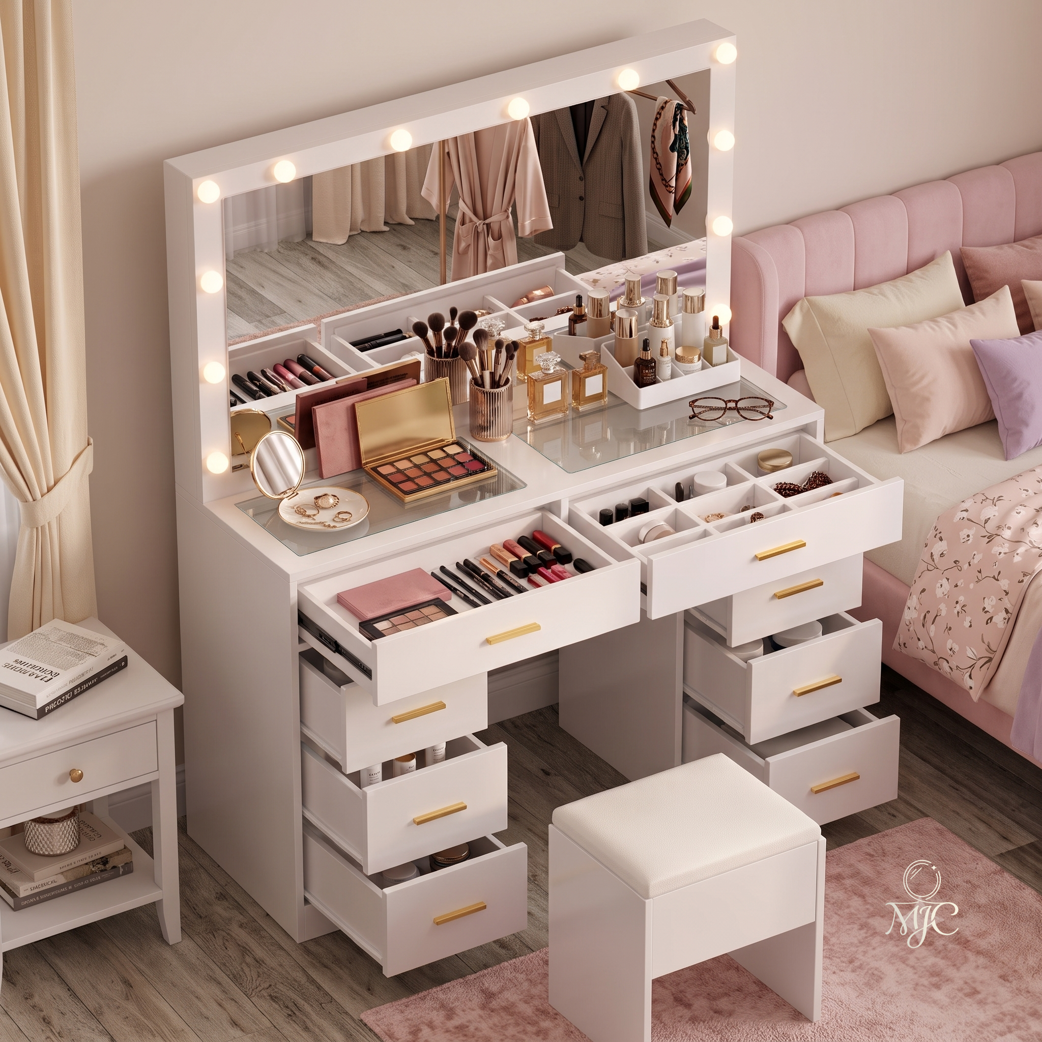Coiffeuse Lumia — Miroir LED, Tiroirs XXL et Tabouret Assorti