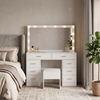Coiffeuse Lumia — Miroir LED, Tiroirs XXL et Tabouret Assorti