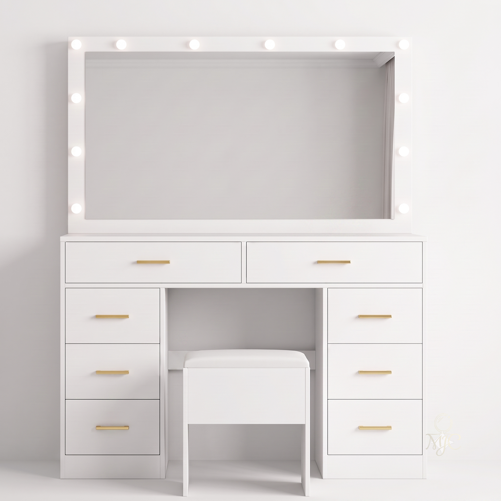 Coiffeuse Lumia — Miroir LED, Tiroirs XXL et Tabouret Assorti