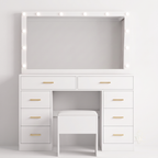 Coiffeuse Lumia — Miroir LED, Tiroirs XXL et Tabouret Assorti