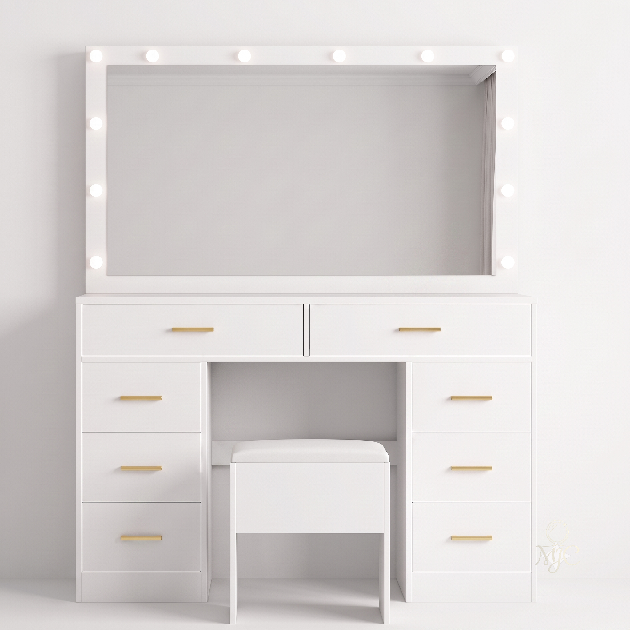 Coiffeuse Lumia — Miroir LED, Tiroirs XXL et Tabouret Assorti
