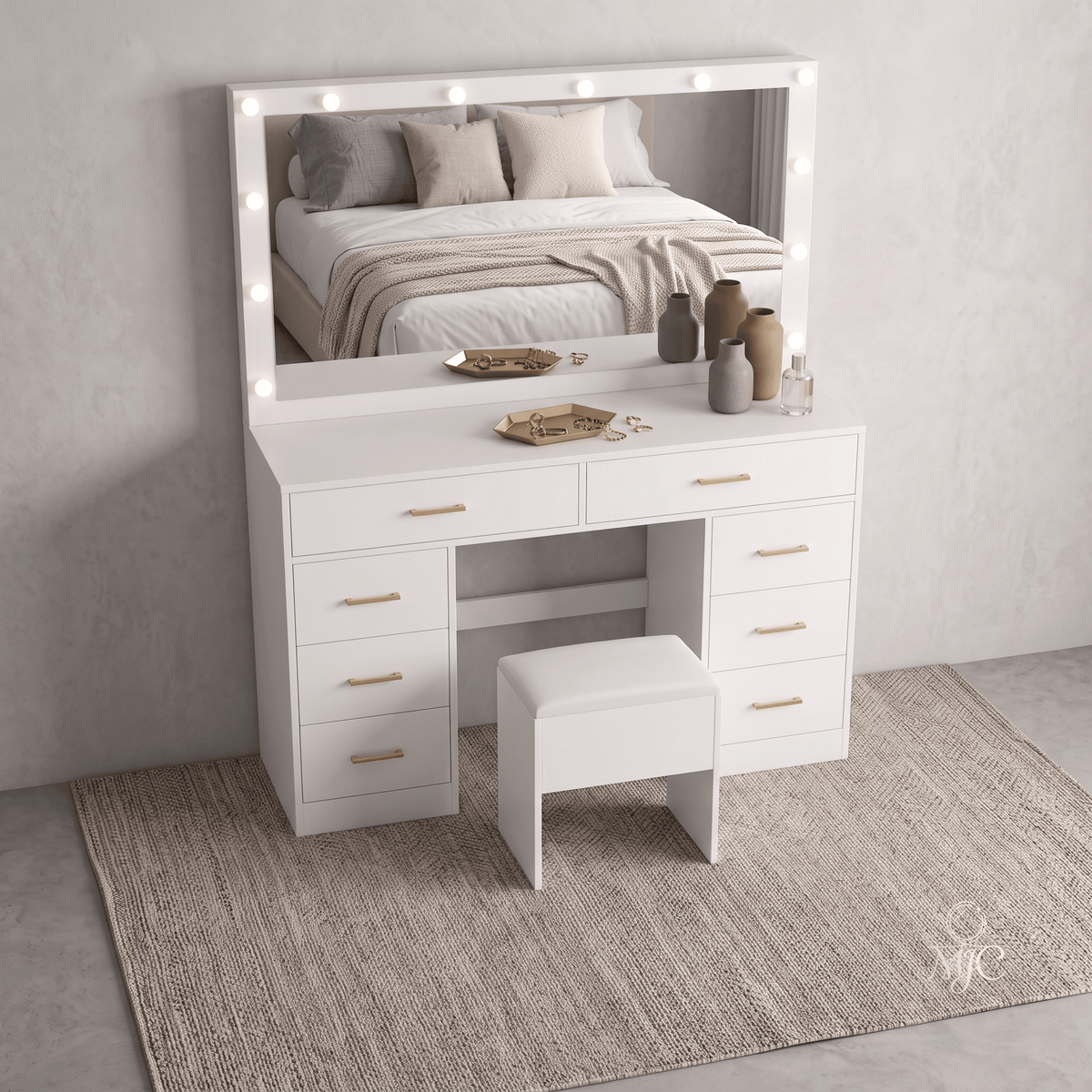 Coiffeuse Lumia — Miroir LED, Tiroirs XXL et Tabouret Assorti - majoliecoiffeuse