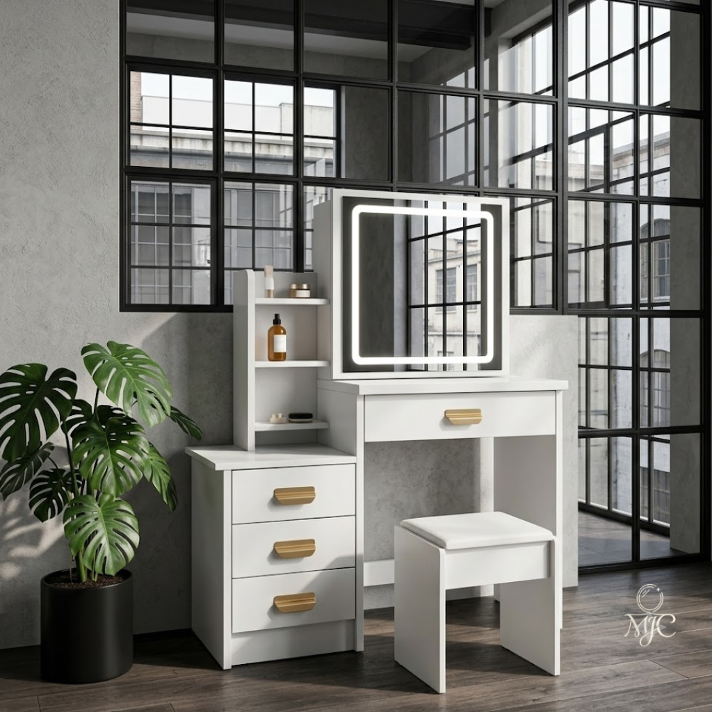 Coiffeuse Mia — Miroir Amovible, Rangements et Tabouret