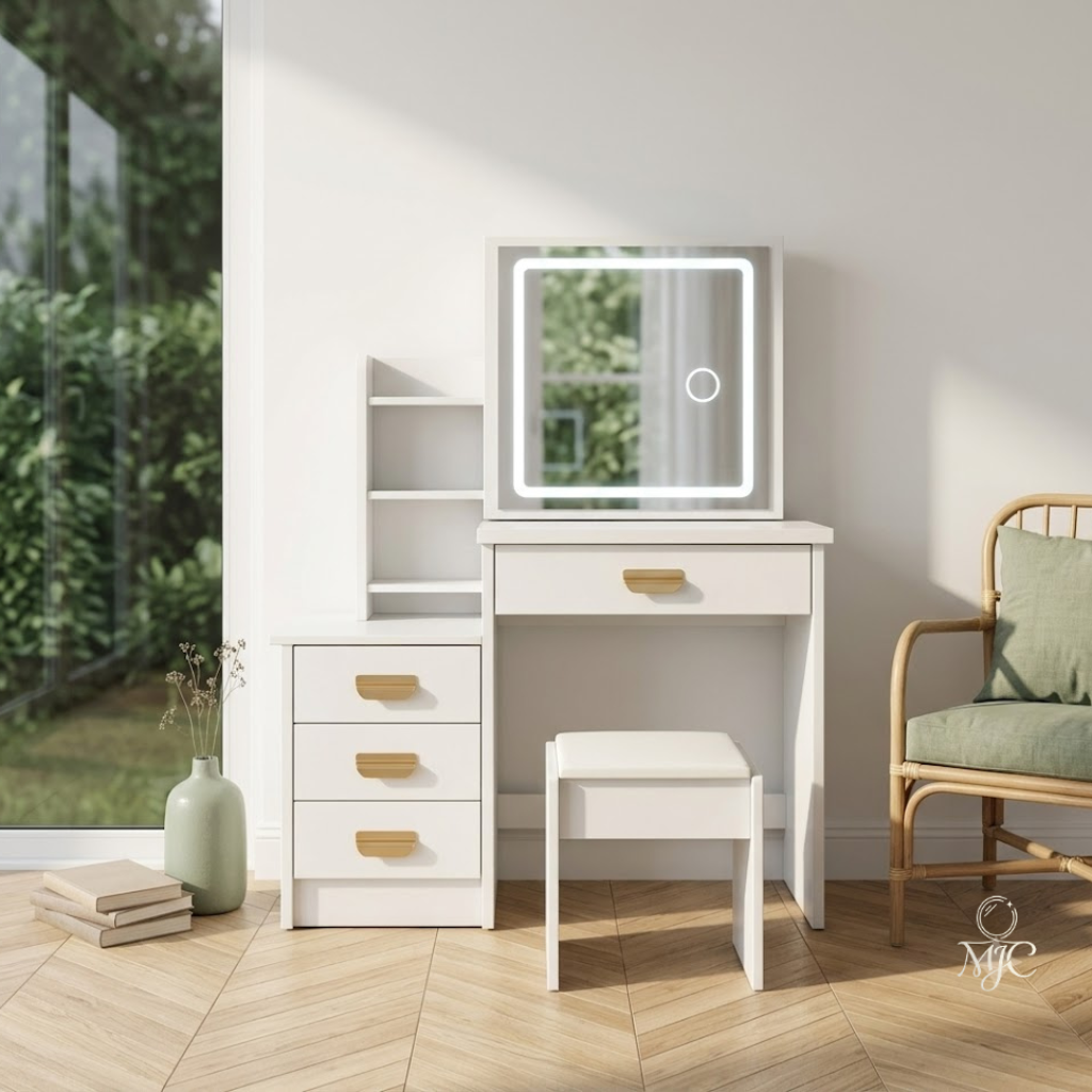 Coiffeuse Mia — Miroir Amovible, Rangements et Tabouret