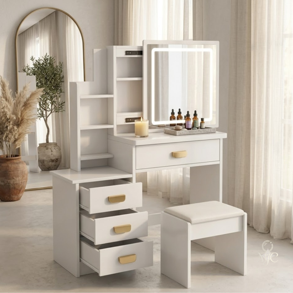 Coiffeuse Mia — Miroir Amovible, Rangements et Tabouret