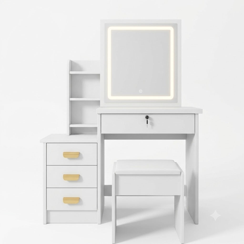 Coiffeuse Mia — Miroir Amovible, Rangements et Tabouret - majoliecoiffeuse