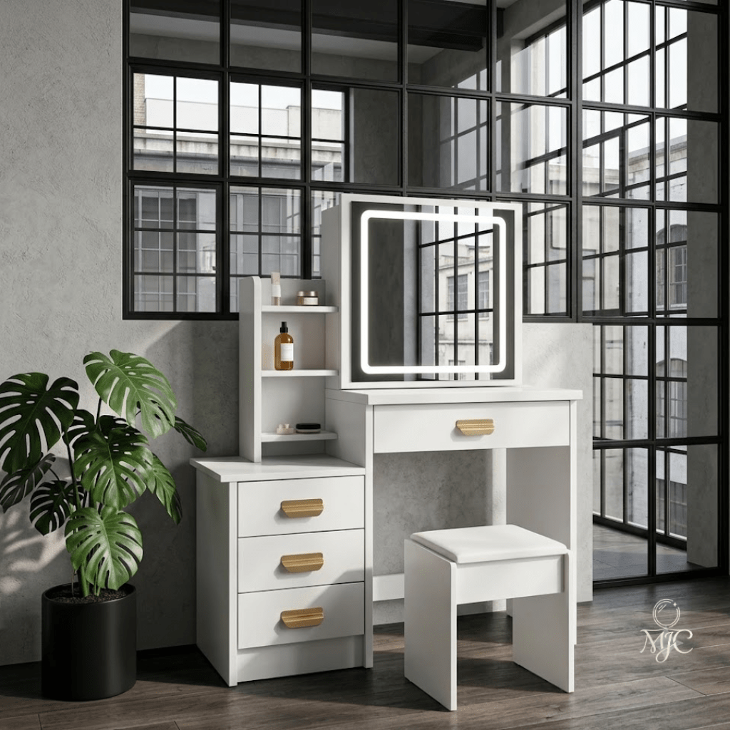 Coiffeuse Mia — Miroir Amovible, Rangements et Tabouret - majoliecoiffeuse