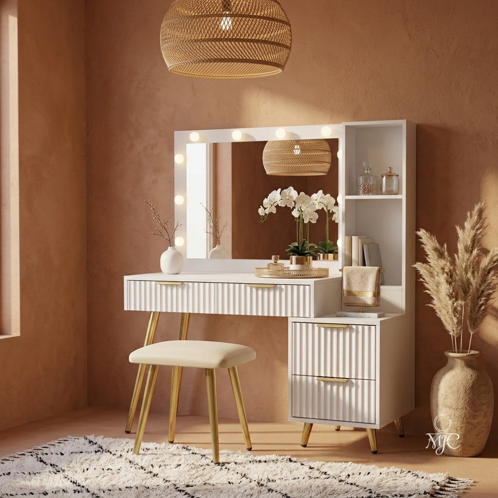 Coiffeuse Opale avec Miroir LED, Loupe 10x et Tabouret