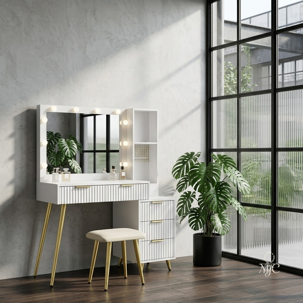 Coiffeuse Opale avec Miroir LED, Loupe 10x et Tabouret