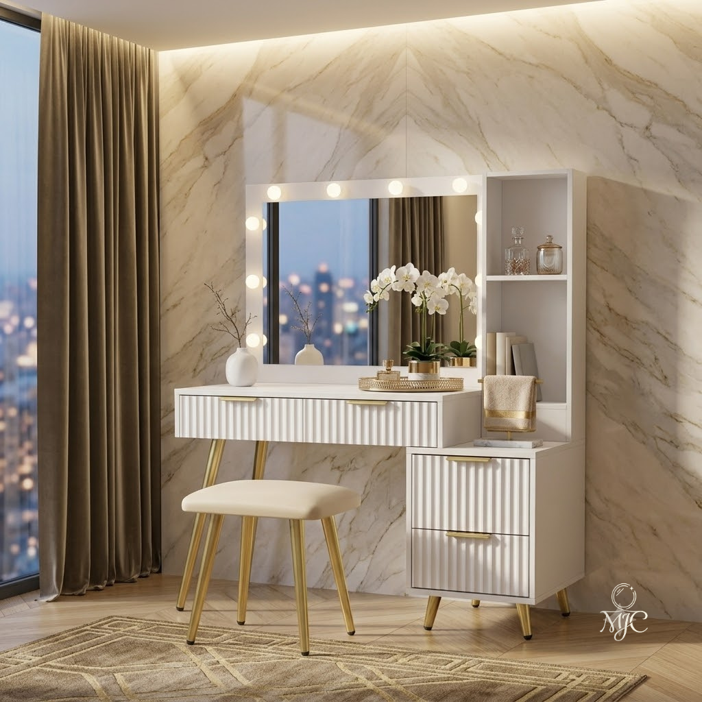Coiffeuse Opale avec Miroir LED, Loupe 10x et Tabouret