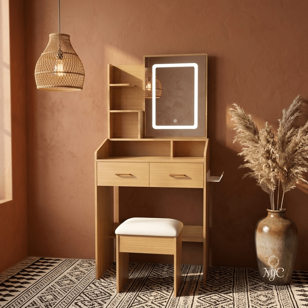 Coiffeuse Sauge Compacte avec Miroir LED et Tabouret - majoliecoiffeuse