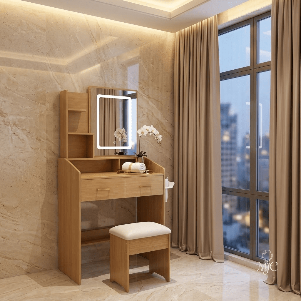 Coiffeuse Sauge Compacte avec Miroir LED et Tabouret - majoliecoiffeuse