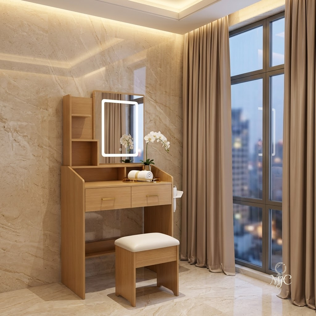 Coiffeuse Sauge Compacte avec Miroir LED et Tabouret