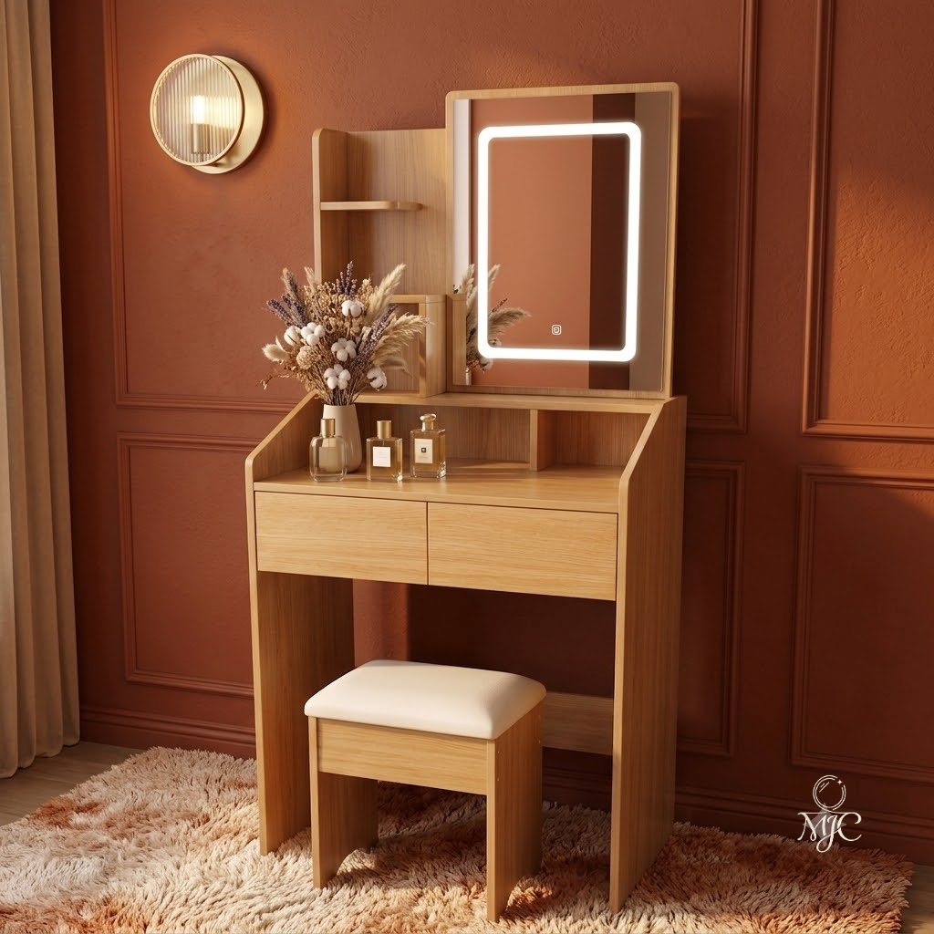 Coiffeuse Sauge Compacte avec Miroir LED et Tabouret