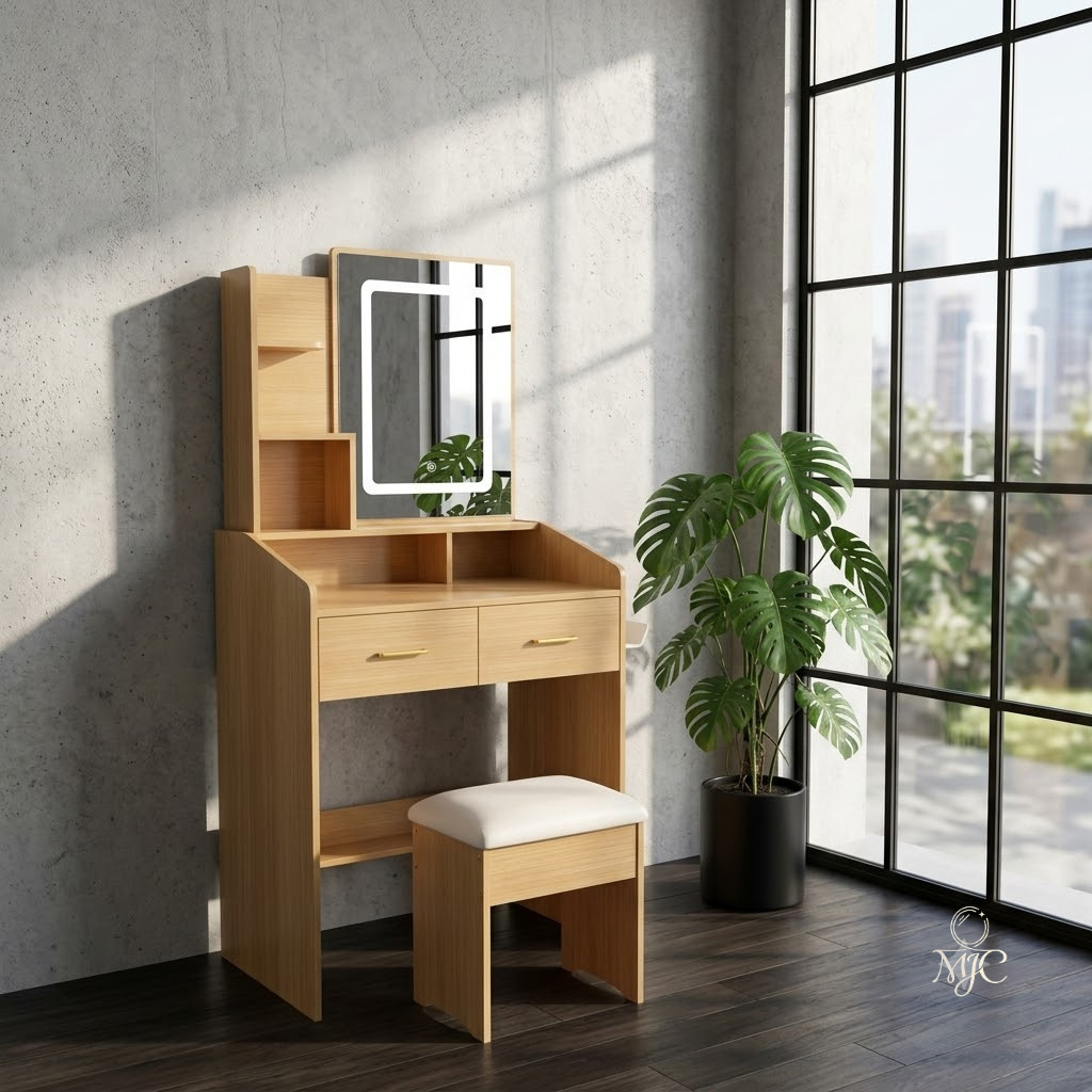 Coiffeuse Sauge Compacte avec Miroir LED et Tabouret