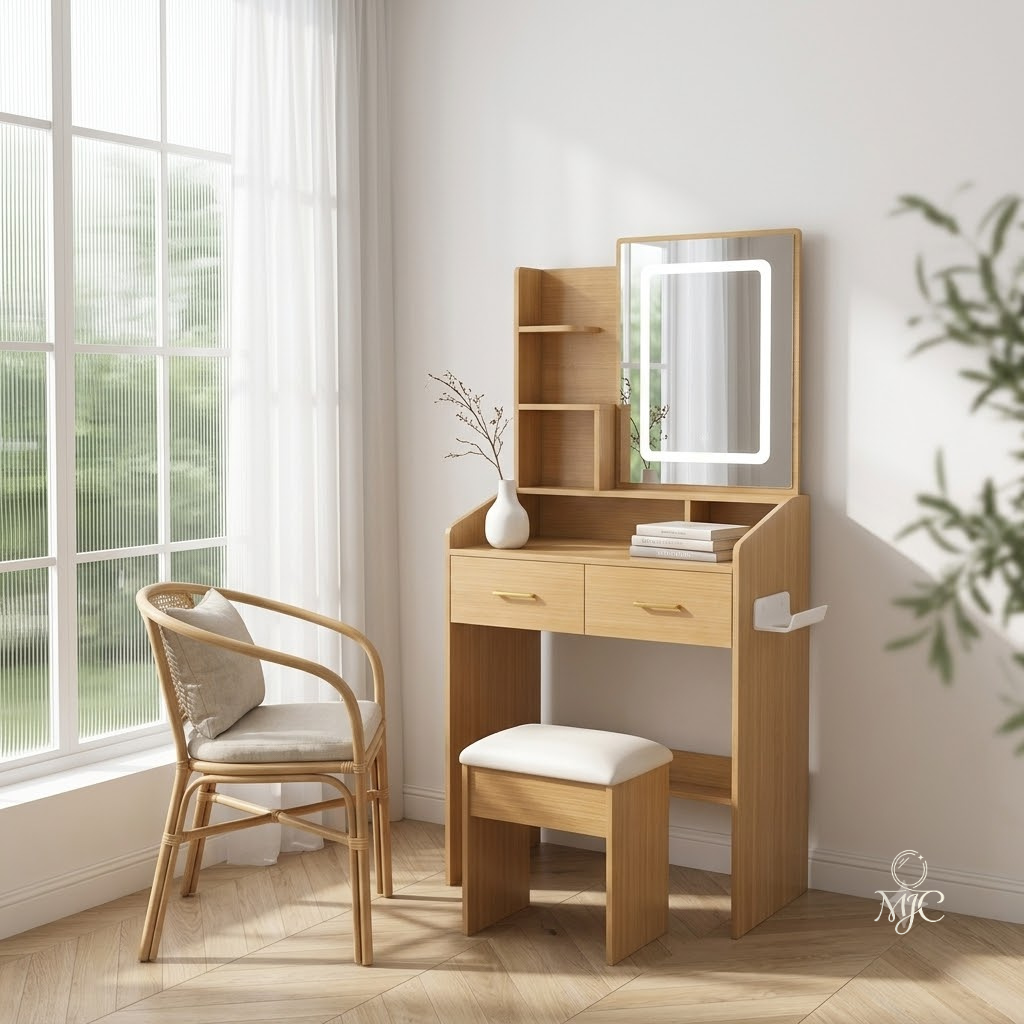 Coiffeuse Sauge Compacte avec Miroir LED et Tabouret